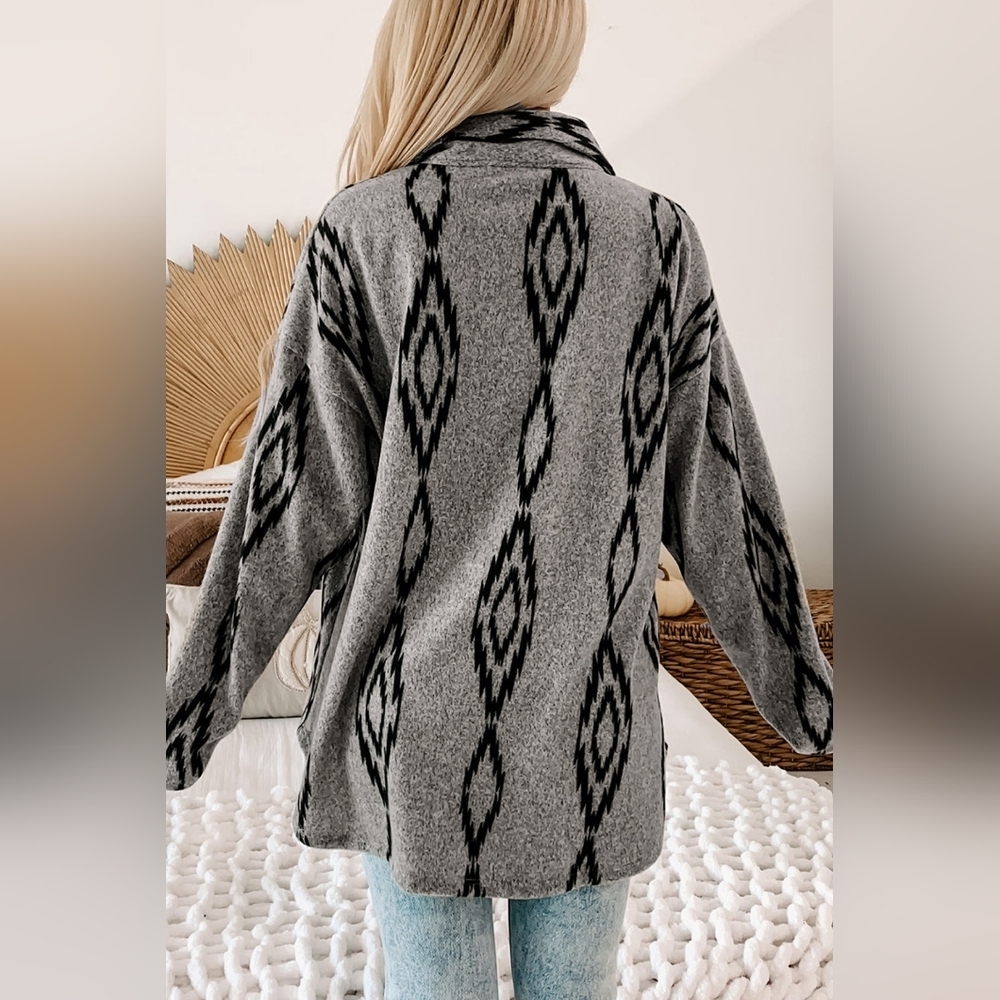 Grey Aztec Loose Oversize Fleece Shacket Layering Piece - Picture 2 of 12